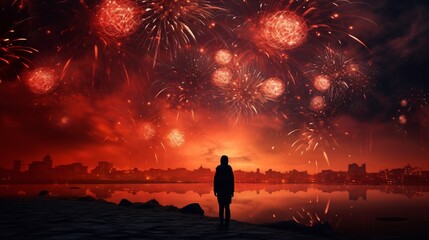 A person watching fireworks on a beach at night Generative AI