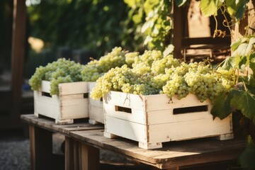 a wooden table topped with white crates filled with green grapes next to a bunch of green grapes on top of a wooden table next to a bunch of green leaves.