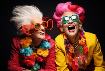 Two Elderly Women Laughing and Wearing Colorful Hats and Sunglasses Generative AI