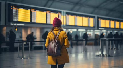 A young woman at an international airport looks at the flight information board, holds a yellow...