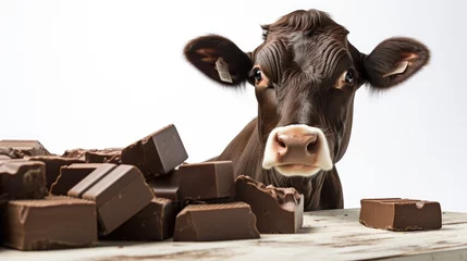 Gordijnen farm milk cow eating chocolate bar isolated on white background © Barosanu