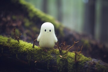 A cute little ghost sitting on a mossy tree branch Generative AI
