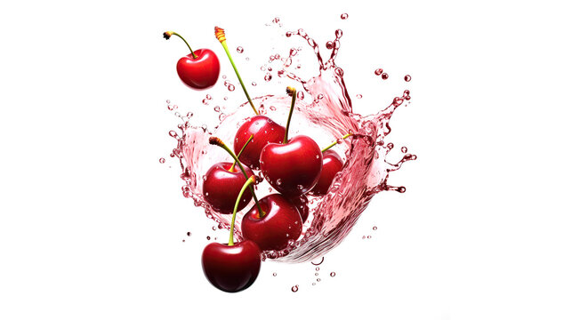 Cherry in water splash isolated on white background. Close-up of a cherry falling into a liquid. Red cherries and spectacular splashes on white. Fruity background.