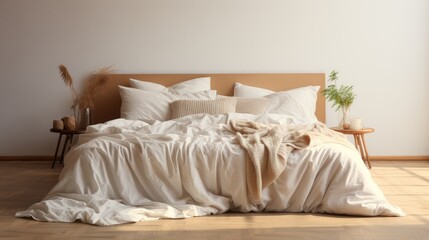 Fototapeta na wymiar comfortable clean white bed with duvet and soft sheets in bright room with pillows