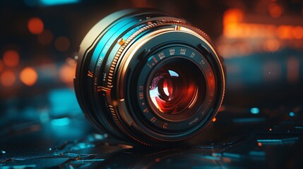 A close-up of a camera lens with a red tint Generative AI - obrazy, fototapety, plakaty