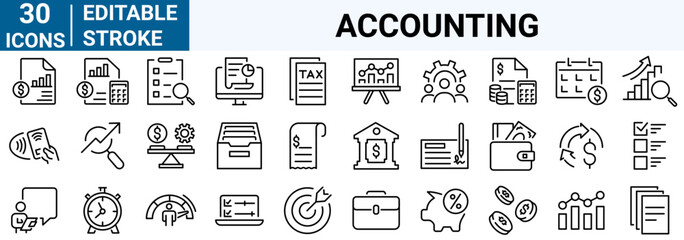 Accounting line web icons Money and Coins. Audit, financial report editable stroke outline icons set - obrazy, fototapety, plakaty