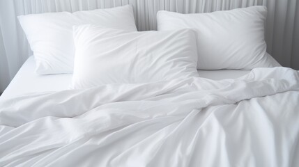 comfortable clean white bed with duvet and soft sheets in bright room with pillows