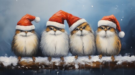  a painting of three birds with santa hats on sitting on a branch with snow falling on the ground behind them.