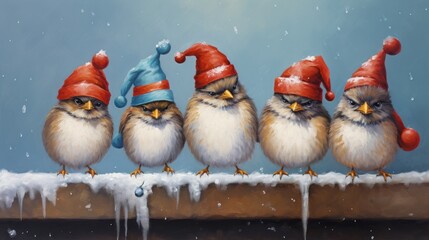  a group of birds sitting on top of a piece of wood wearing red and blue hats and sitting on a ledge in the snow.