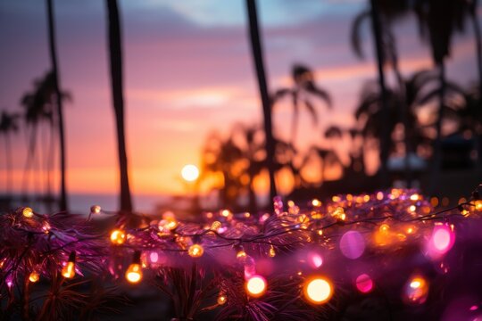  a bunch of lights that are hanging from a line of palm trees with the sun setting in the distance in a blurry photo with palm trees in the foreground.