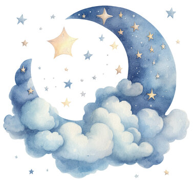 A crescent moon with clouds and stars
