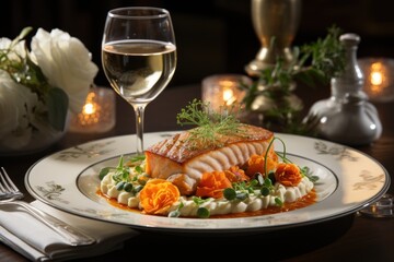  a white plate topped with a piece of fish covered in sauce next to a glass of wine and a vase filled with flowers and greenery next to a glass of wine.