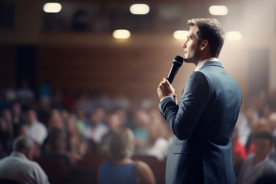 Man speaker with headset at a corporate business conference performing on stage