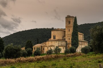 view of the Abbey of Sant'Antimo near Castelnuovo dell'Abate in Tuscany