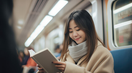 Young beautiful smiling Asian girl teenage student reading a book on the subway. Distance learning, self-education, the road to college. - obrazy, fototapety, plakaty