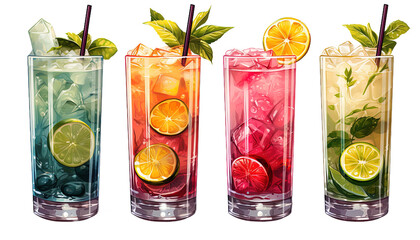 Tropical cocktail clipart set, transparent background, exotic drinks, summer beverages, cocktail illustrations, fruity cocktails, beach party graphics, vacation drinks - obrazy, fototapety, plakaty