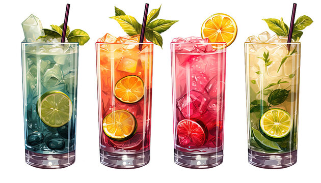 Tropical cocktail clipart set, transparent background, exotic drinks, summer beverages, cocktail illustrations, fruity cocktails, beach party graphics, vacation drinks