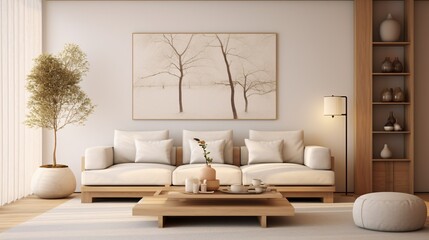 A cozy living room with a white couch and a potted plant Generative AI