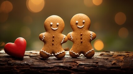  two gingerbread men standing next to a red heart on a piece of wood with a boke of lights in the background.