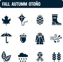 Autumn icons. Fall season vector set. Filled icon design. Autumm nature.