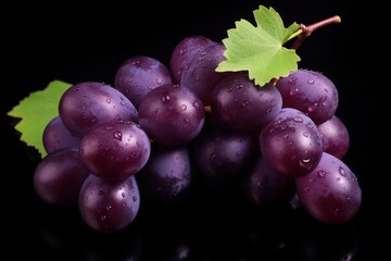  a close up of a bunch of grapes with a leaf on a black background with water droplets on the grapes and a green leaf on the top of the grapes.