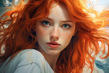 Obraz premium Beautiful young girl with red hair closeup