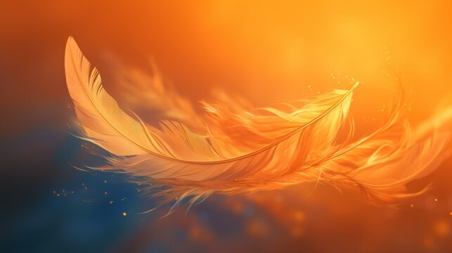  a close up of a yellow feather on a blue and orange background with a blurry light in the background.