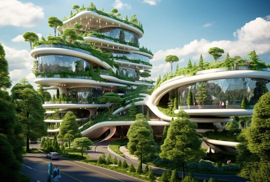 A futuristic building with a green roof and a large tree in front of it Generative AI