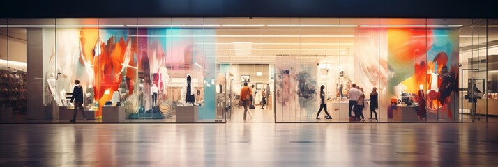 Blurred large storefronts in a shopping center with blurry colorful mannequins and shoppers, banner - obrazy, fototapety, plakaty