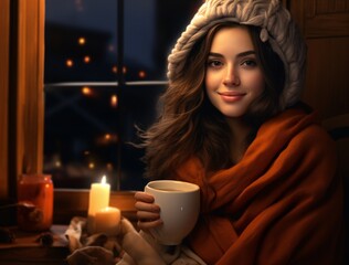 A woman in a knitted hat and scarf, holding a cup of coffee and a candle. Generative AI