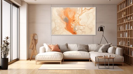 A vibrant orange artwork on a white wall Generative AI