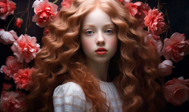 Ethereal young girl with voluminous curly red hair adorned with pale pink flowers and vibrant red blooms against a dark backdrop