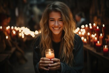 Smiling Woman with Candle: A young woman with long, wavy hair, holding a lit candle and smiling warmly in a dimly lit room filled with candles, conveying warmth, happiness, and a sense of peace