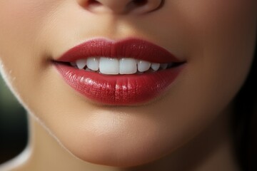 Fototapeta premium Perfect Red Lips Close-Up: A close-up of a woman's perfectly shaped red lips and white teeth, exuding allure, beauty, and confidence. 