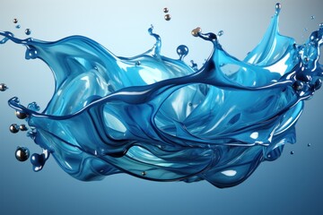 a blue liquid splashing into the air with water droplets on the bottom of the water and on the bottom of the water bubbles on the bottom of the water is a light blue background.
