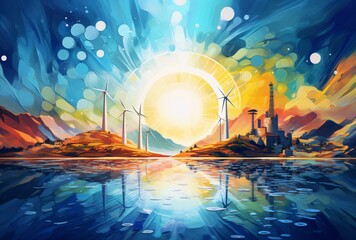 Sunrise over a wind farm Generative AI