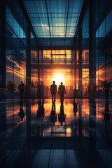 A group of business people walking down a hallway during sunset Generative AI