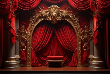 Golden Throne with Red Curtains Generative AI