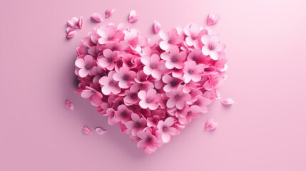  a bunch of pink flowers in the shape of a heart on a pink background with space for text or image.