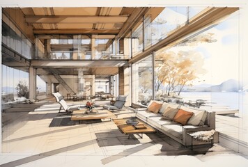 Modern Home Design with Large Windows and Comfortable Furniture Generative AI