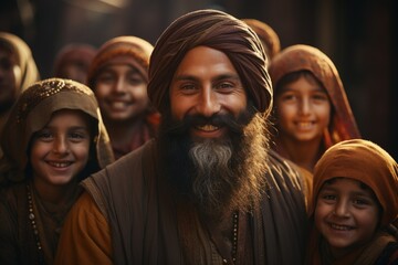 Joyful man with children, genuine smiles, symbolizing community, happiness, and shared human connection.