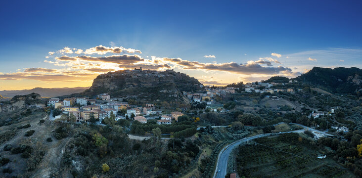 drone panorama view of the hilltop village of Santa Severina in Calabria at sunrise