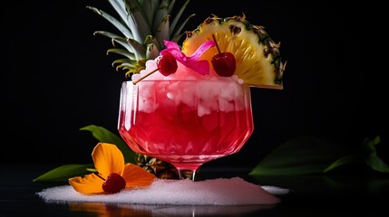 Pink Drink with Cherries and Pineapple Generative AI