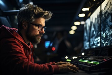 Obraz premium Focused Sound Engineer: Intense concentration in a high-tech studio, crafting audio artistry