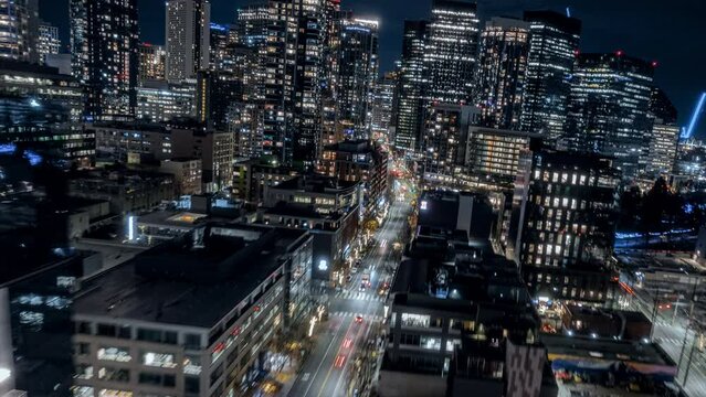 Drone Timelapse Following City Street at Night