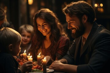 Obraz na płótnie Canvas Family Candlelight Dinner: Joyful family moment, intimate celebration, warm festive gathering