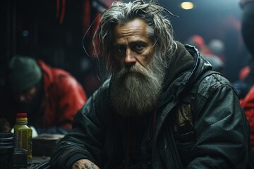 Obraz premium Weathered Man's Stare: Evocative homeless man, deep in thought, gritty urban survival