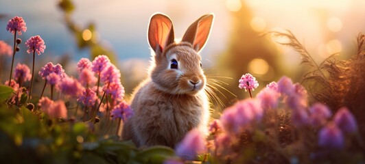 Fototapeta na wymiar A cute bunny with big ears and a pink flower in the background Generative AI