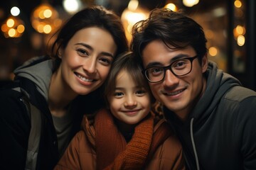 Nighttime Family Bliss: Happy family enjoying an evening out, their faces illuminated by city lights, embodying warmth and togetherness.