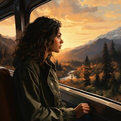 Reflective Train Journey: A woman looking out of a train window at a stunning sunset over a mountainous landscape, evoking reflection, wanderlust, and the beauty of travel.